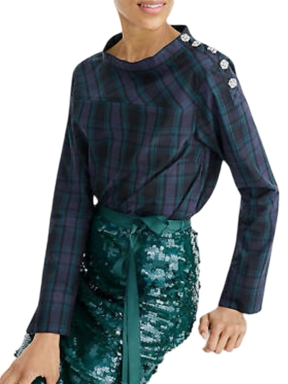 J Crew Tartan Plaid Funnel Neck Jeweled Blouse Top Womens Size 18